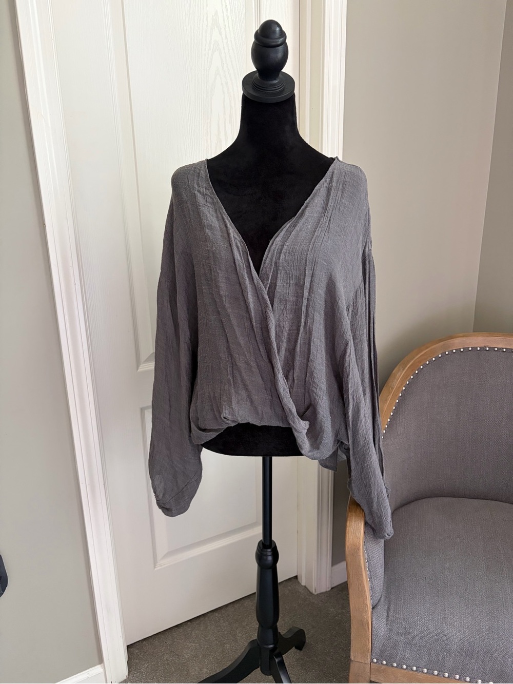FAVLUX Gray Gauze Wrap Blouse - Relaxed V-Neck Top
